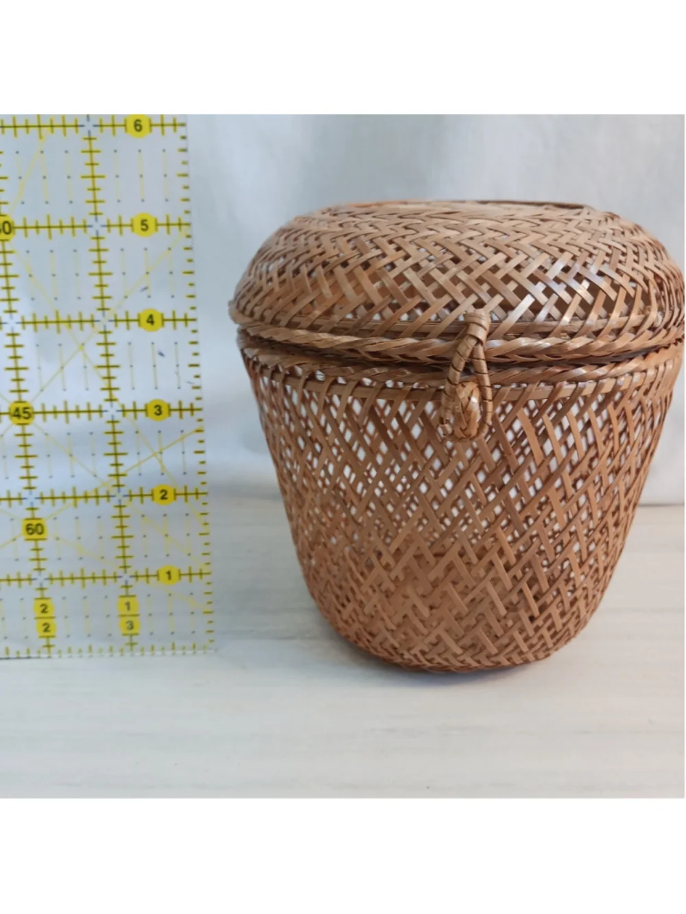 Vintage Hand Woven Bamboo Small Basket Hinged Lid Delicate Rattan